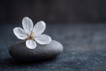Serene Blossom - White Flower on Smooth Stone, Dark Background.