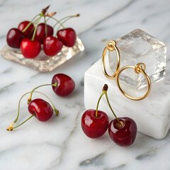 Sculptural arrangement of vibrant red cherries, pierced with delicate skewers.