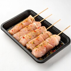 Raw Chicken Skewers Seasoned with Spices in Black Dish,Spiced Raw Chicken Skewers Ready for Cooking