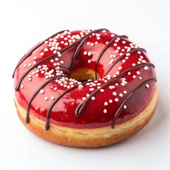 Red Glazed Donut with Chocolate Drizzle and White Sprinkles,Colorful Red Glazed Doughnut with Chocolate Drizzle