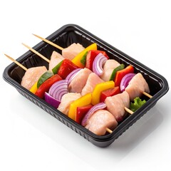 Raw Chicken Skewers with Bell Peppers and Red Onion,Uncooked Chicken Kebabs with Bell Peppers and Onion