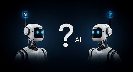 Two robots face each other with a question mark, ai concept on dark background