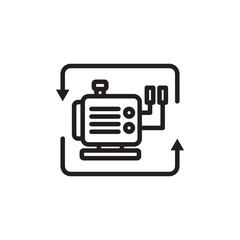 Feedback Loop icon symbolizing continuous improvement and process monitoring. Features machinery within a cycle arrow, representing data flow, system control, and iterative optimization in industrial.