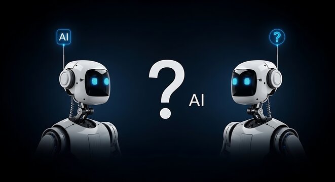 Two robots face each other with a question mark, ai concept on dark background