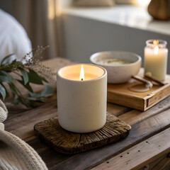 Single elegant candle resting on warm wooden surface, soft glow, minimalist aesthetic.