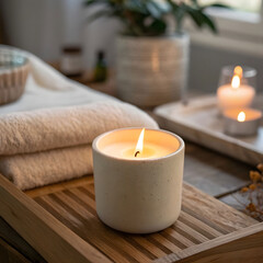Single elegant candle resting on warm wooden surface, soft glow, minimalist aesthetic.