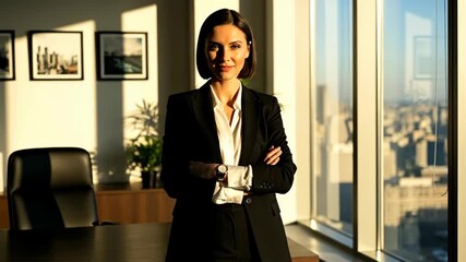 A confident businesswoman stands in a sunlit office with a city view.