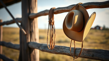 A cowboy hat and lasso hang from the ranch's wooden fence. AI generated.