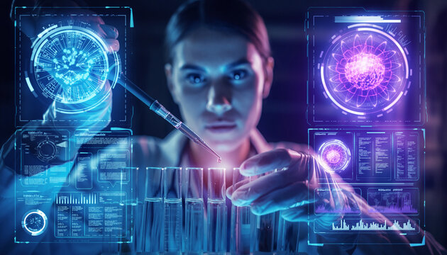 Scientist conducting futuristic laboratory analysis with holographic interfaces