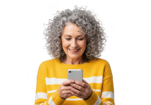 Smiling mature woman with curly gray hair wearing a yellow and white striped sweater holding a smartphone isolated on transparent background