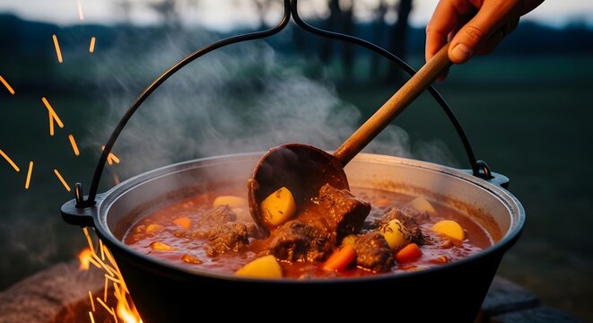 Hand stirring traditional Hungarian goulash in bogr&aacute;cs cauldron over open campfire
