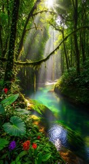 Obraz premium Sunlight streams through lush green jungle canopy onto a vibrant turquoise river.