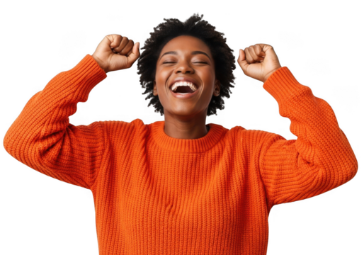 Joyful young woman with closed eyes and wide smile raising fists in celebration isolated on transparent background