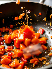 Vibrant Kimchi Pieces Splashing During Stir-Fry
