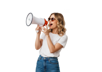 Young woman with blonde curly hair wearing sunglasses and a white t shirt holding a megaphone isolated on transparent background