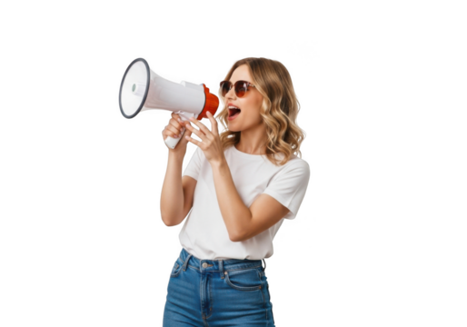 Young woman with blonde curly hair wearing sunglasses and a white t shirt holding a megaphone isolated on transparent background