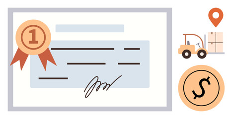 Certificate with ribbon and signature, forklift moving packages, location pin, dollar coin. Ideal for achievement, certification, logistics, finances, recognition business success simple flat