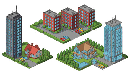 Isometric city illustration showing houses, apartments, and skyscrapers