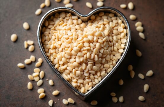 Heart shape bowl full of uncooked fonio grain. Many seeds spill around bowl on dark textured background. Closeup macro view of ancient African food ingredient.