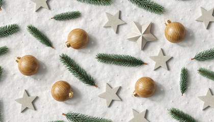 Festive holiday pattern with stars, ornaments, and pine branches on a snowy background