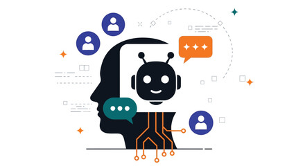 Modern digital chatbot concept with head silhouette and message icons