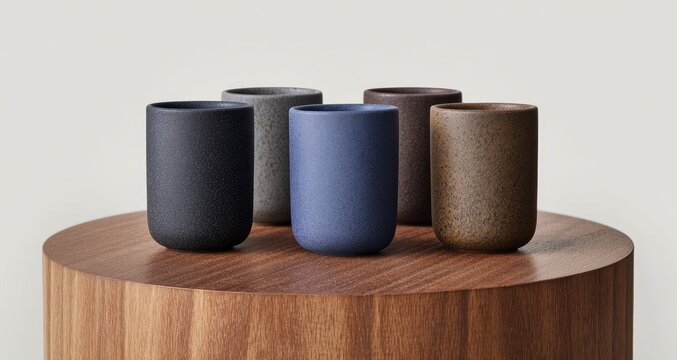 Four speckled ceramic cups on wood