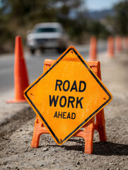 Road work sign with cones on a highway, cautioning drivers.