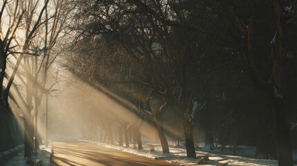 光の差し込む雪の並木道
