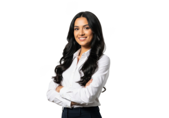 Professional young woman with long wavy dark hair smiling confidently with arms crossed isolated on transparent background