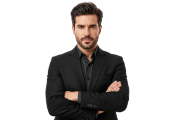 A confident professional man with dark hair and a beard wearing a black suit and shirt with arms crossed isolated on transparent background