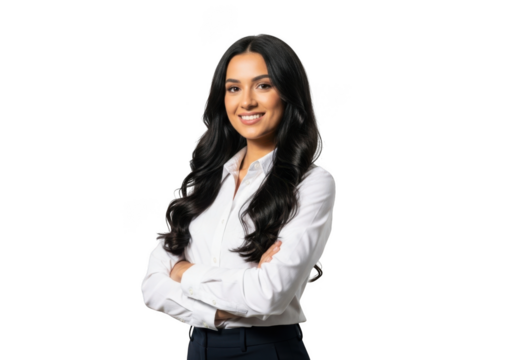 Professional young woman with long wavy dark hair smiling confidently with arms crossed isolated on transparent background