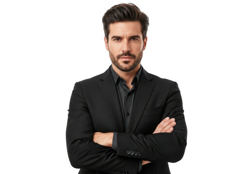 A confident professional man with dark hair and a beard wearing a black suit and shirt with arms crossed isolated on transparent background