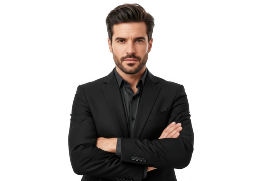 A confident professional man with dark hair and a beard wearing a black suit and shirt with arms crossed isolated on transparent background