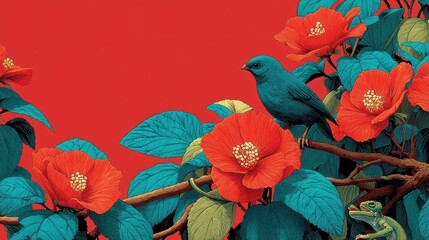 赤い椿と鳥の背景