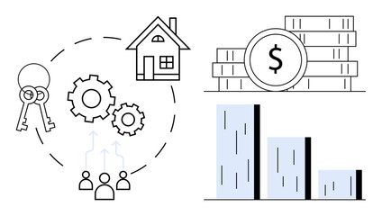 House, keys, arrows, money stack, gears, chart represent property investment, team collaboration, planning growth finance economy business. Ideal for strategy investing education real estate