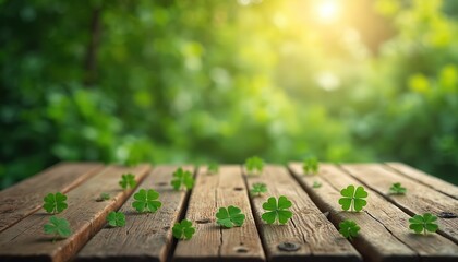 Wooden table top with clovers. Background shows plants with sunlight. Concept for St Patricks Day celebrations. Irish holiday festive scene with four leaf shamrocks. Nature still life with wood
