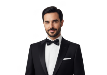 Elegant man in black tuxedo and bow tie posed confidently with a subtle smile isolated on transparent background