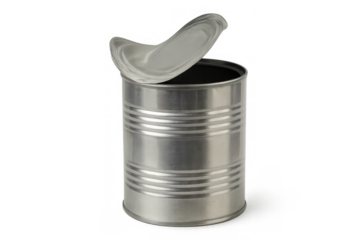 Open empty metallic food can for preservation, storage, and recycling on transparent background