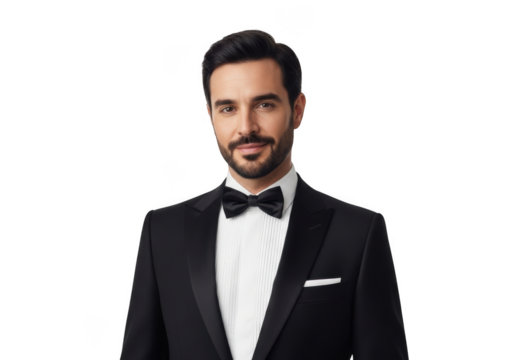 Elegant man in black tuxedo and bow tie posed confidently with a subtle smile isolated on transparent background