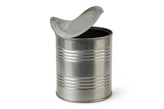 Open empty metallic food can for preservation, storage, and recycling on transparent background