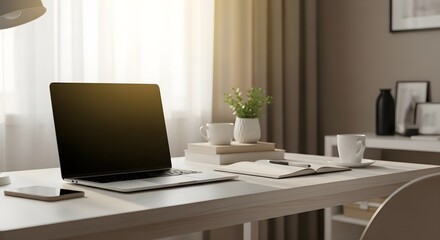 Fototapeta premium Minimalist Home Office Workspace with Natural Light – Modern Clean Desk Setup