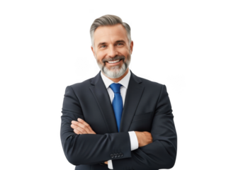 Smiling mature businessman with beard wearing a dark suit and blue tie arms crossed isolated on transparent background