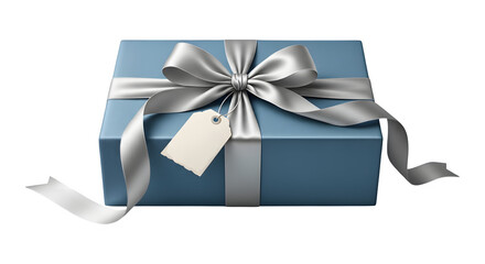 A single beautiful blue gift box with a luxurious silver satin ribbon and a blank tag isolated on a white background