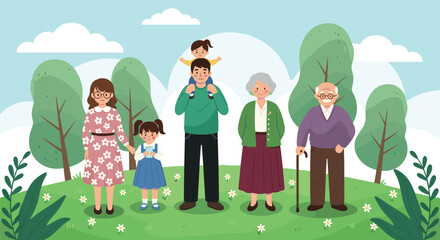 Cartoon illustration of multigenerational family standing together in sunny outdoor park with trees, flowers, and blue sky background