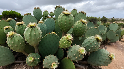 A dense cluster of prickly pear cactus plants, opuntia ficus-indica, in an outdoor setting in puglia, southern italy, showcasing their thick green pads and spines against a cloudy sky.