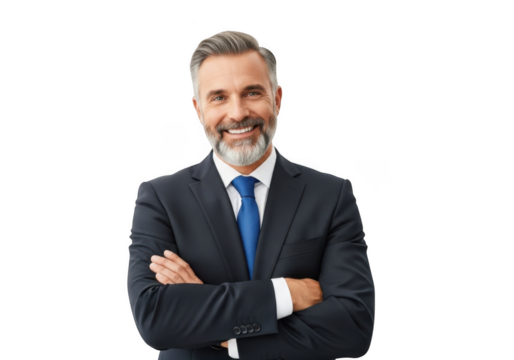 Smiling mature businessman with beard wearing a dark suit and blue tie arms crossed isolated on transparent background