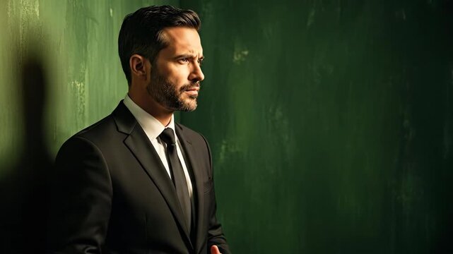 A serious man in a suit stands thoughtfully against a green wall.