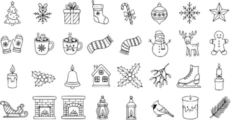 Christmas Doodle Icon Set: Festive Winter Holiday Symbols in Hand-Drawn Style