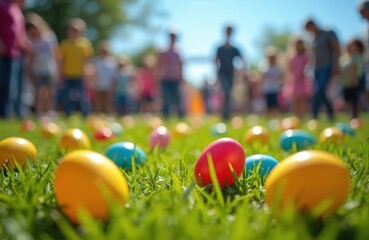Children gather for outdoor easter egg hunt. Colorful eggs lie on bright green grass under sunny blue sky. Families participate in spring holiday tradition.