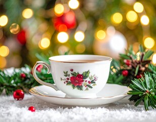 Vintage Floral Teacup in a Cozy Christmas Setting